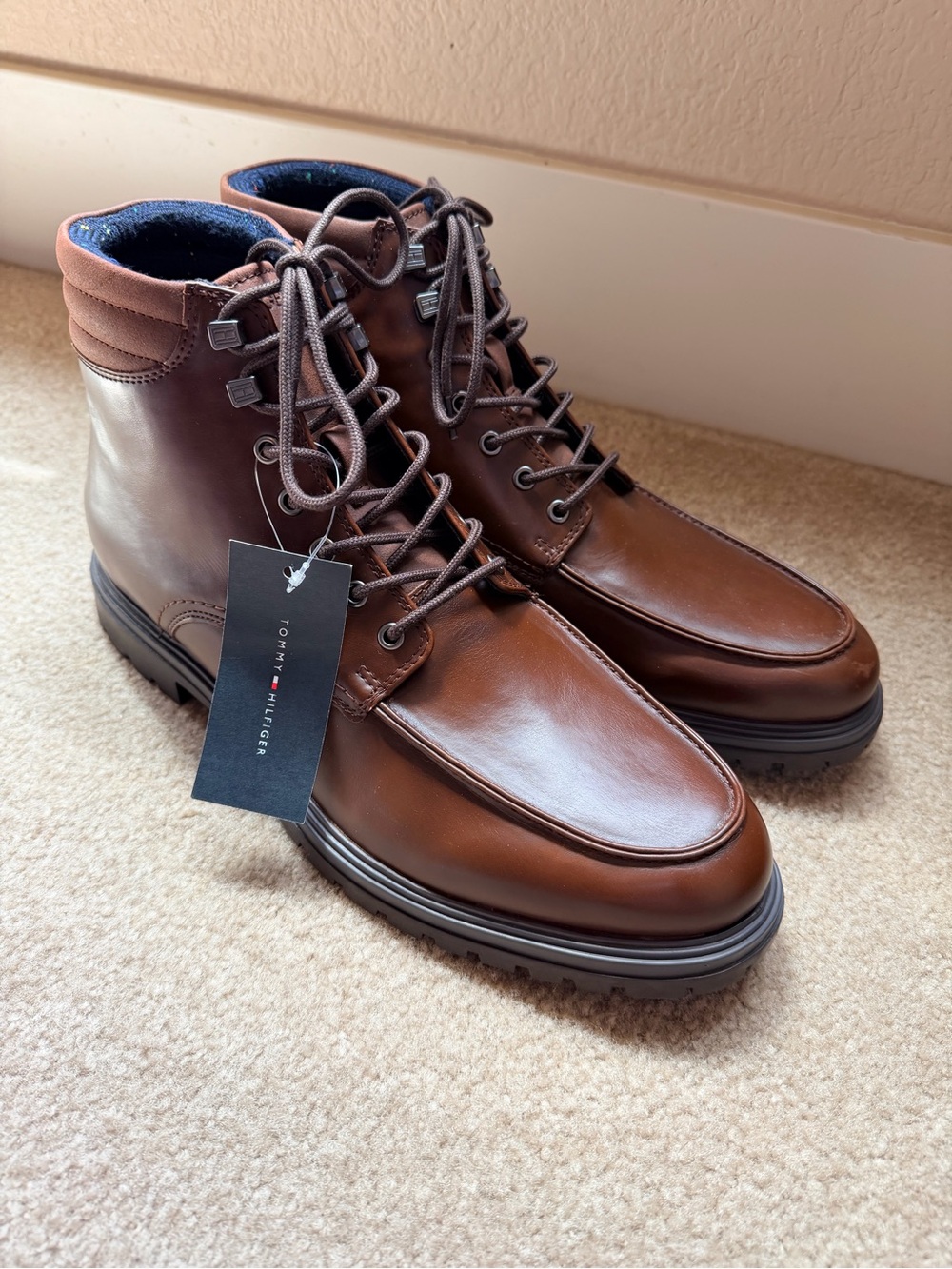 Tommy Hilfiger Men's Brown Leather Moc Toe Lace-Up Boots